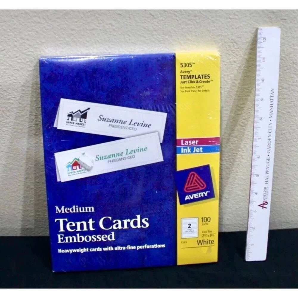 NWT Avery Templates 5305 Medium whiteTent Cards embossed 2.5 x 8 5  - 100 cards